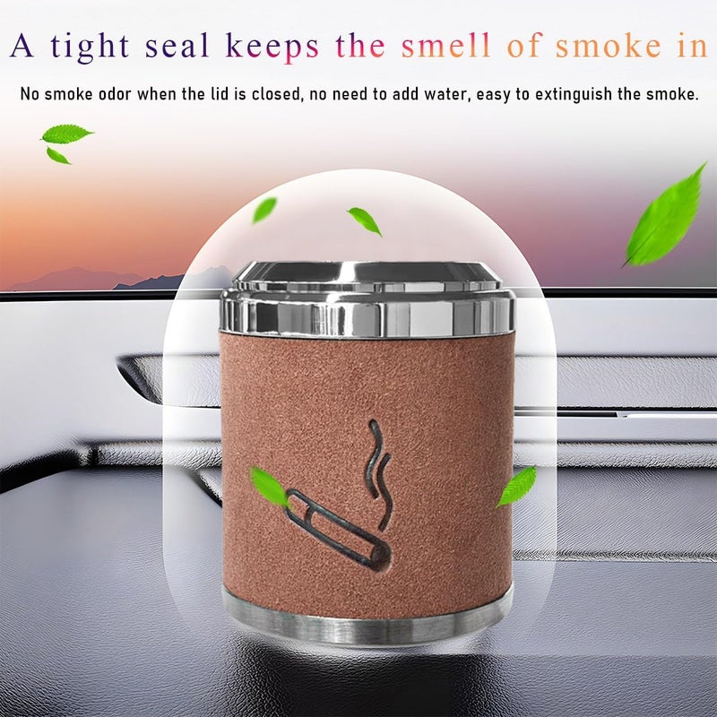 Wevdn Car Ashtray with Lid, Detachable & Portable Stainless Steel Smokeless Ashtrays for Car, Mini Universal Smell Proof Windproof Car Ashtray with LED Blue Light (Brown-Plush Surface) - Image 4